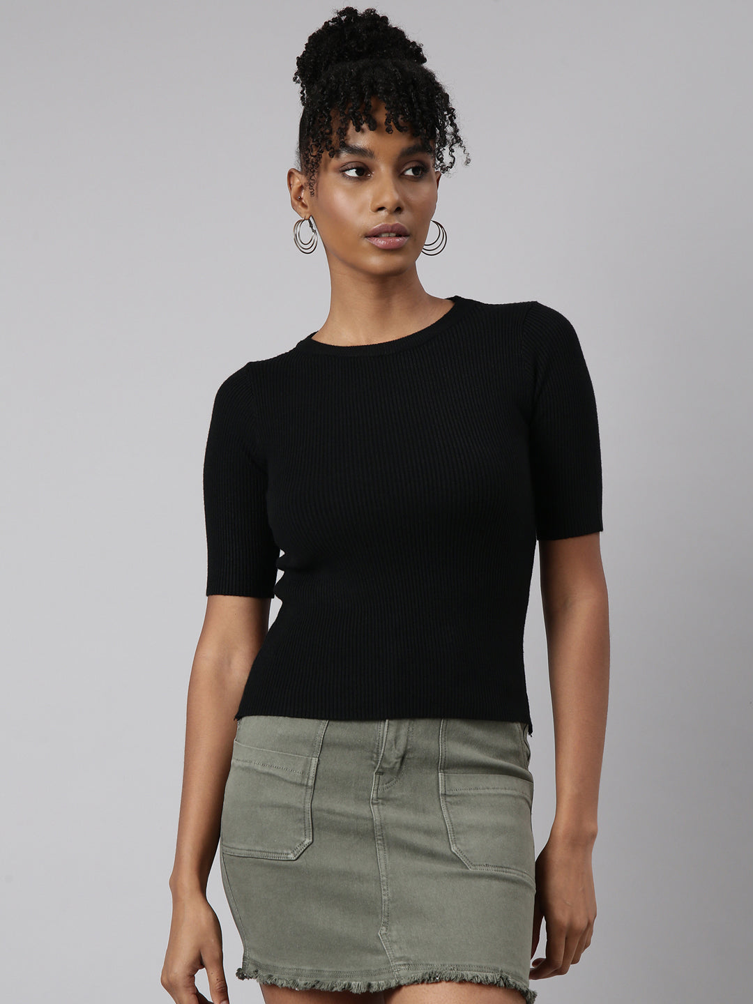 Women Black Solid Fitted Top