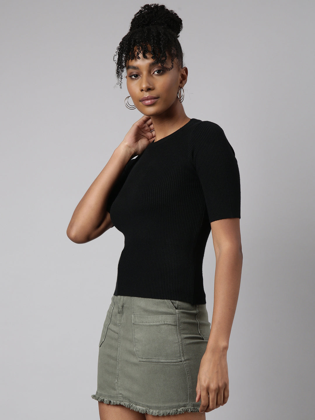 Women Black Solid Fitted Top