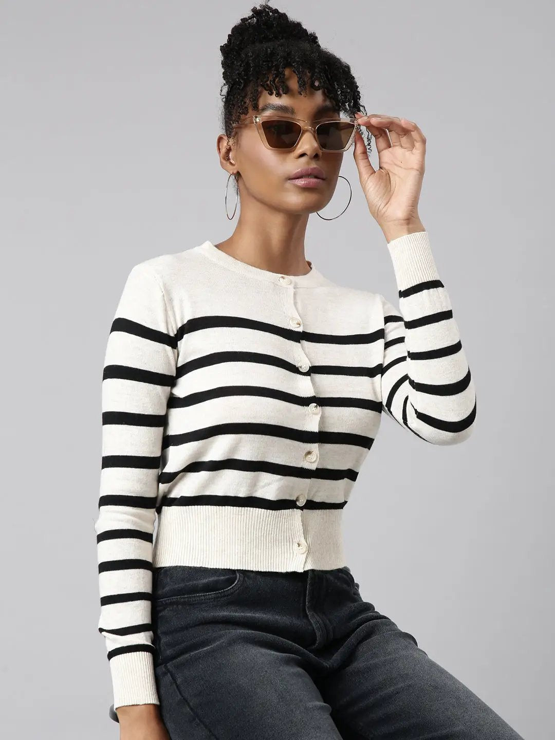 Women's Cream Horizontal Stripes Boxy Top