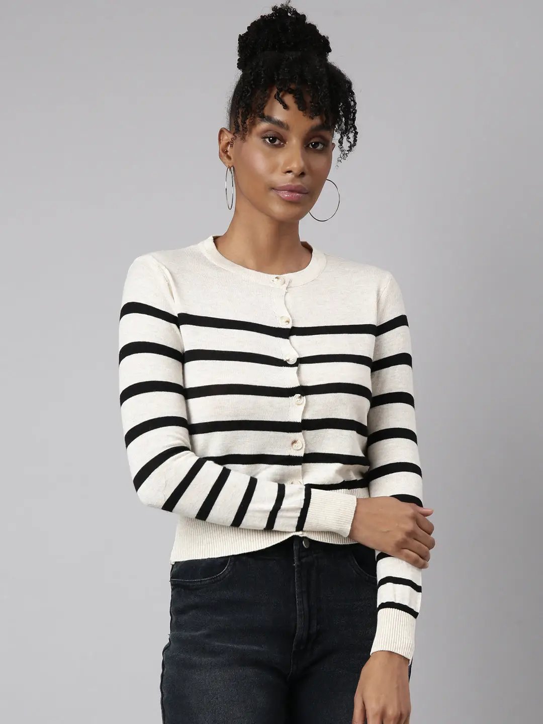 Women's Cream Horizontal Stripes Boxy Top