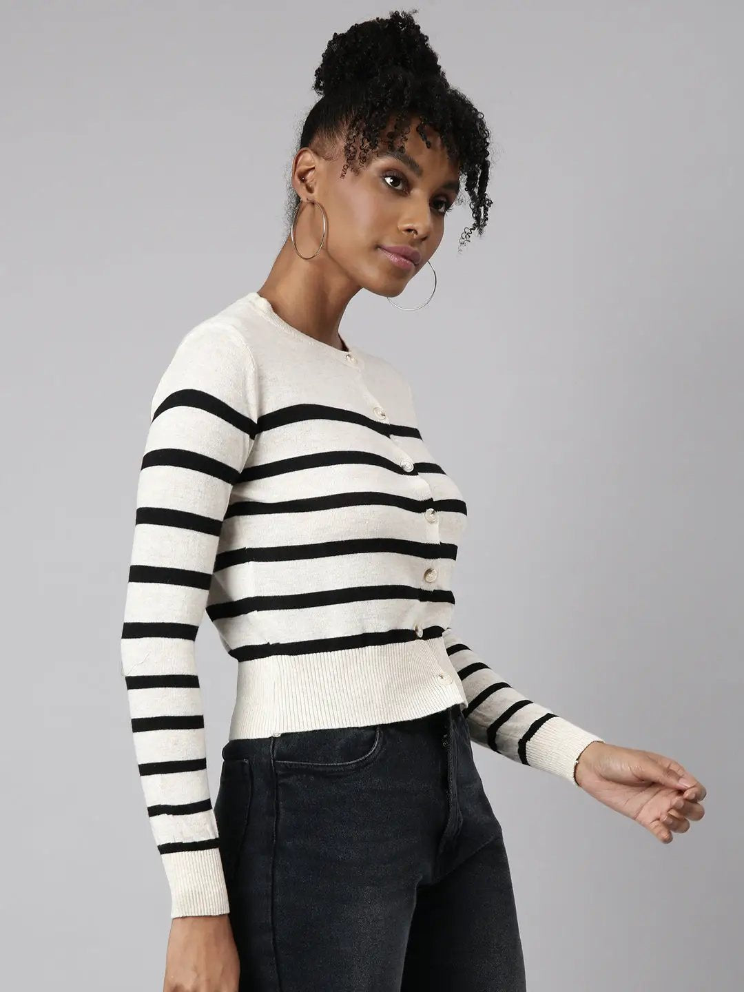 Women's Cream Horizontal Stripes Boxy Top
