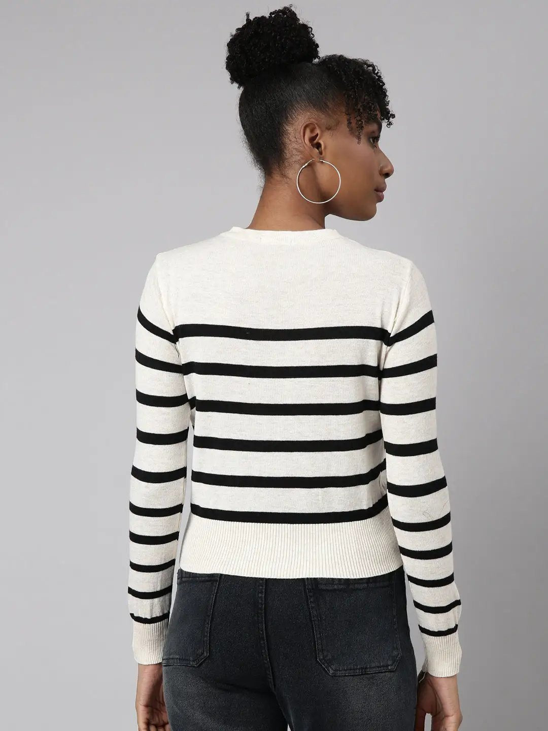 Women's Cream Horizontal Stripes Boxy Top