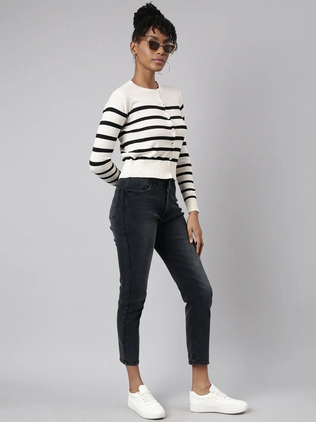 Women's Cream Horizontal Stripes Boxy Top