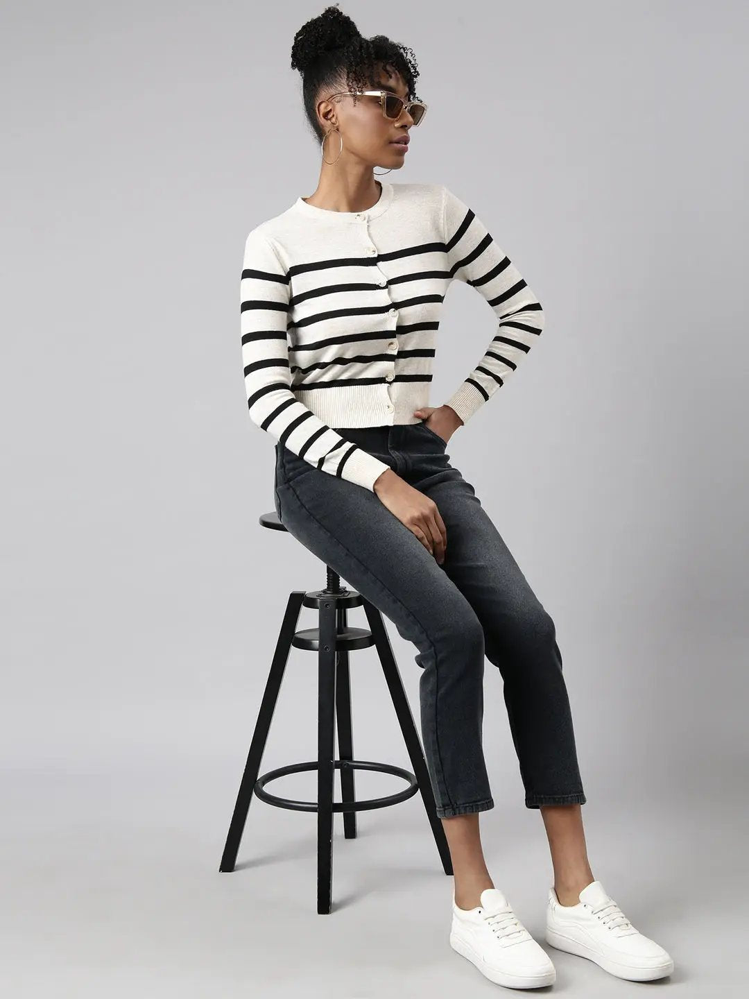 Women's Cream Horizontal Stripes Boxy Top