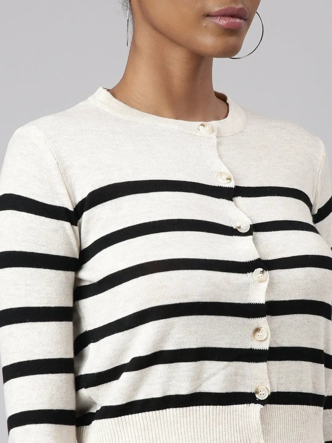 Women's Cream Horizontal Stripes Boxy Top