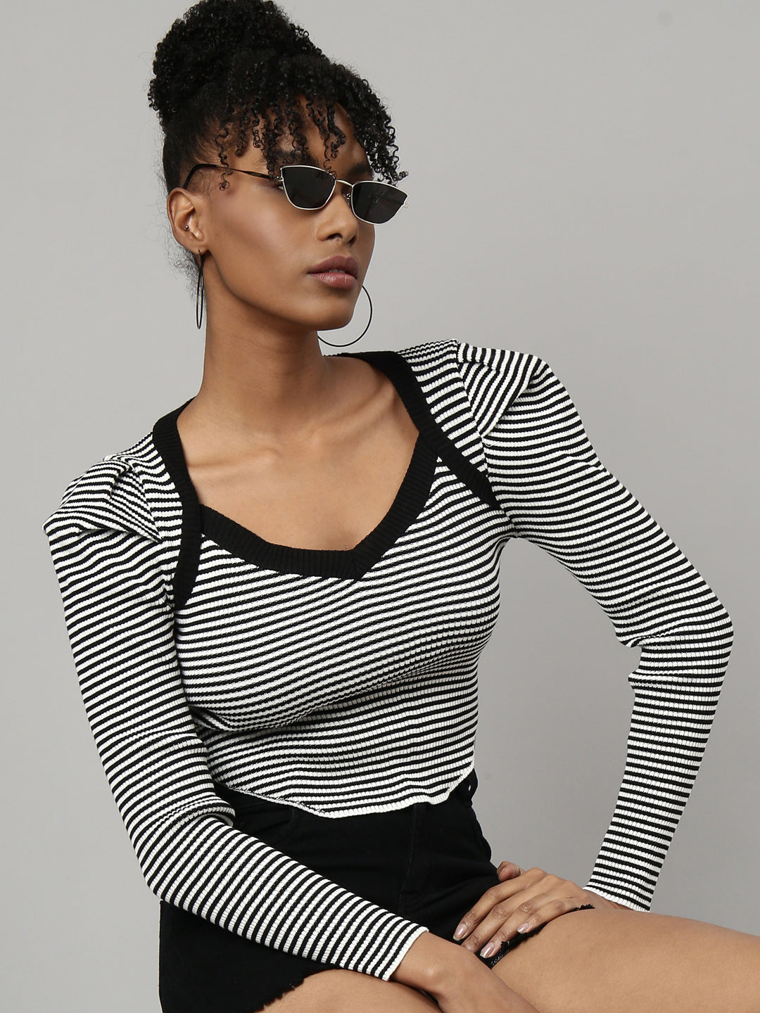 Women Black Horizontal Stripes Fitted Crop Top