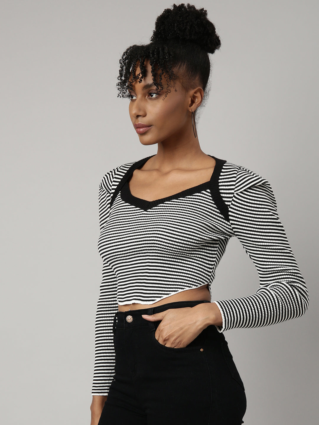 Women Black Horizontal Stripes Fitted Crop Top