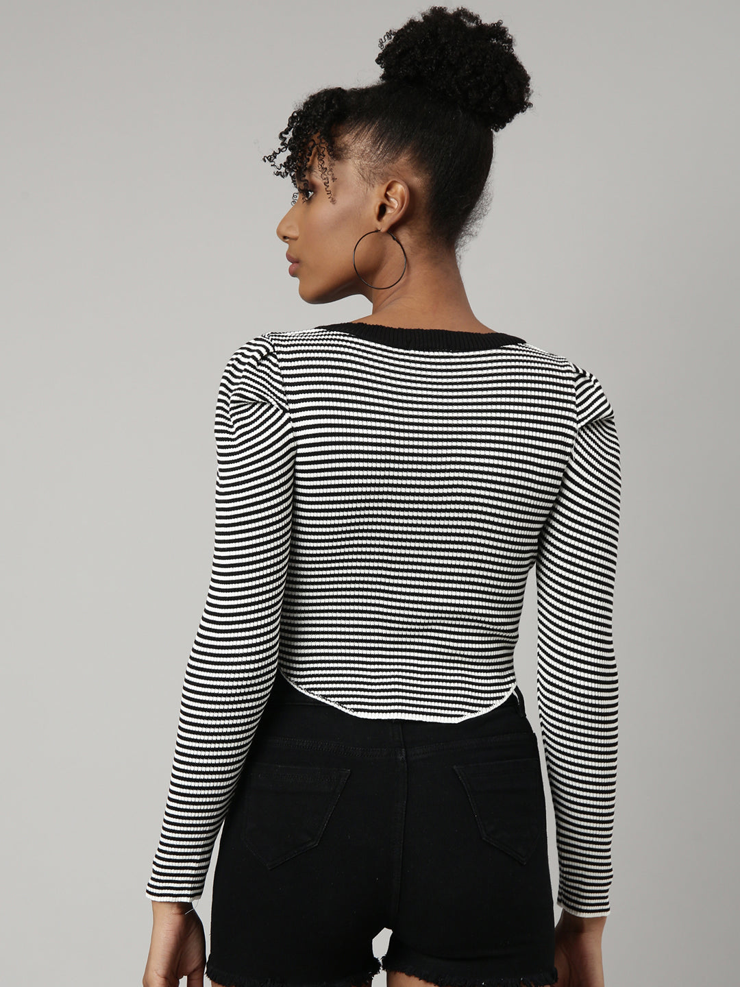 Women Black Horizontal Stripes Fitted Crop Top