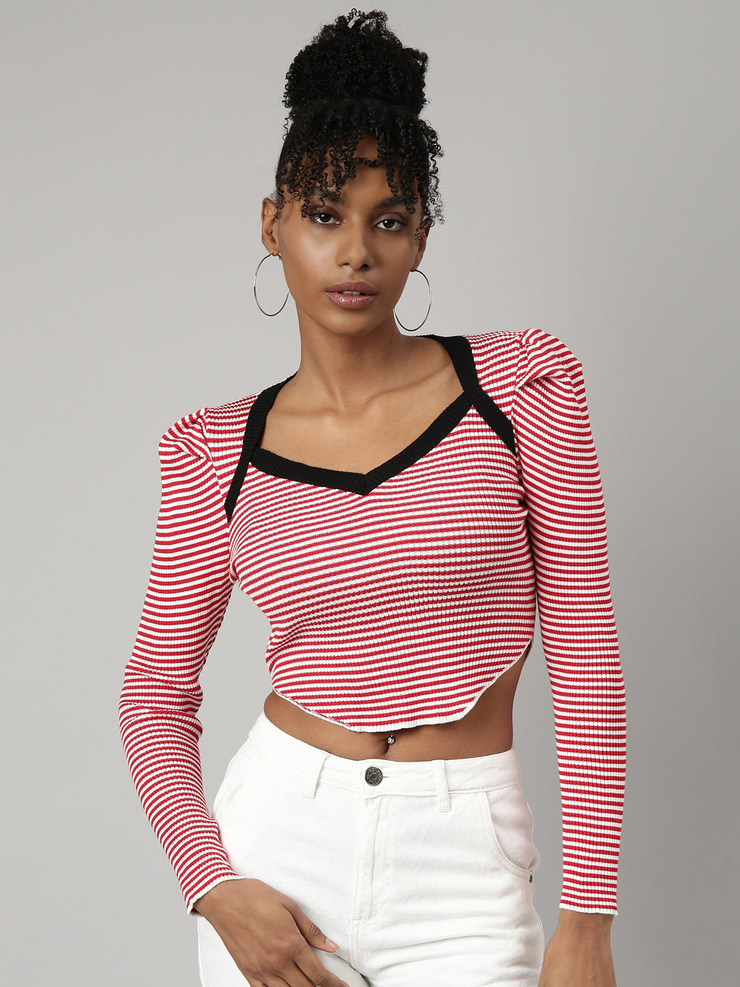 Women Red Horizontal Stripes Fitted Crop Top