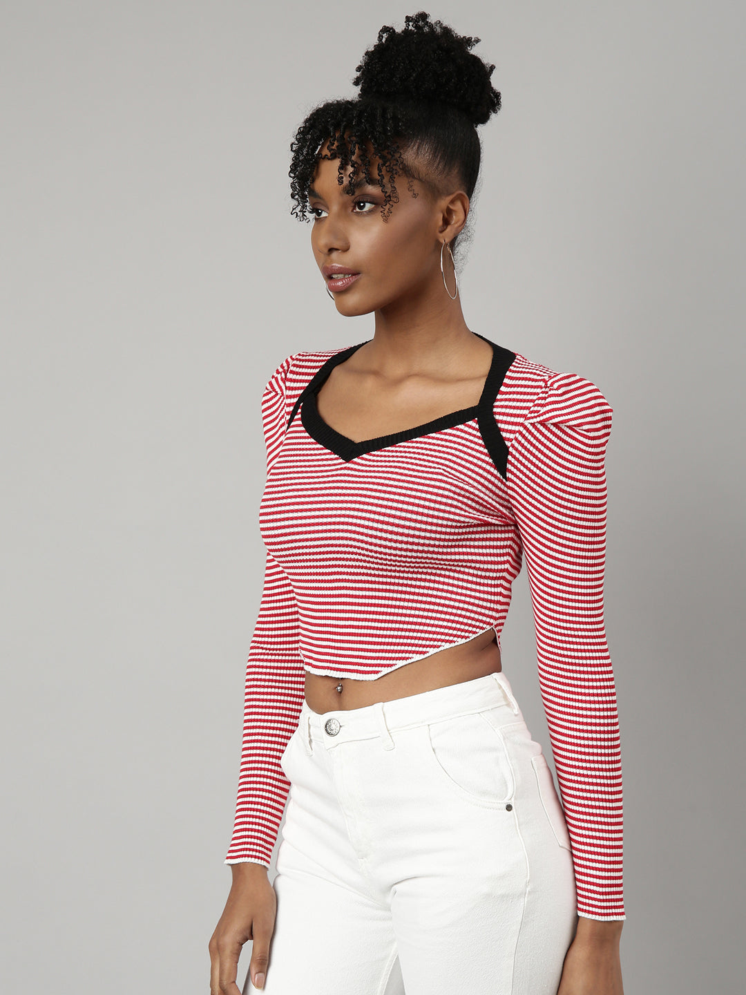 Women Red Horizontal Stripes Fitted Crop Top