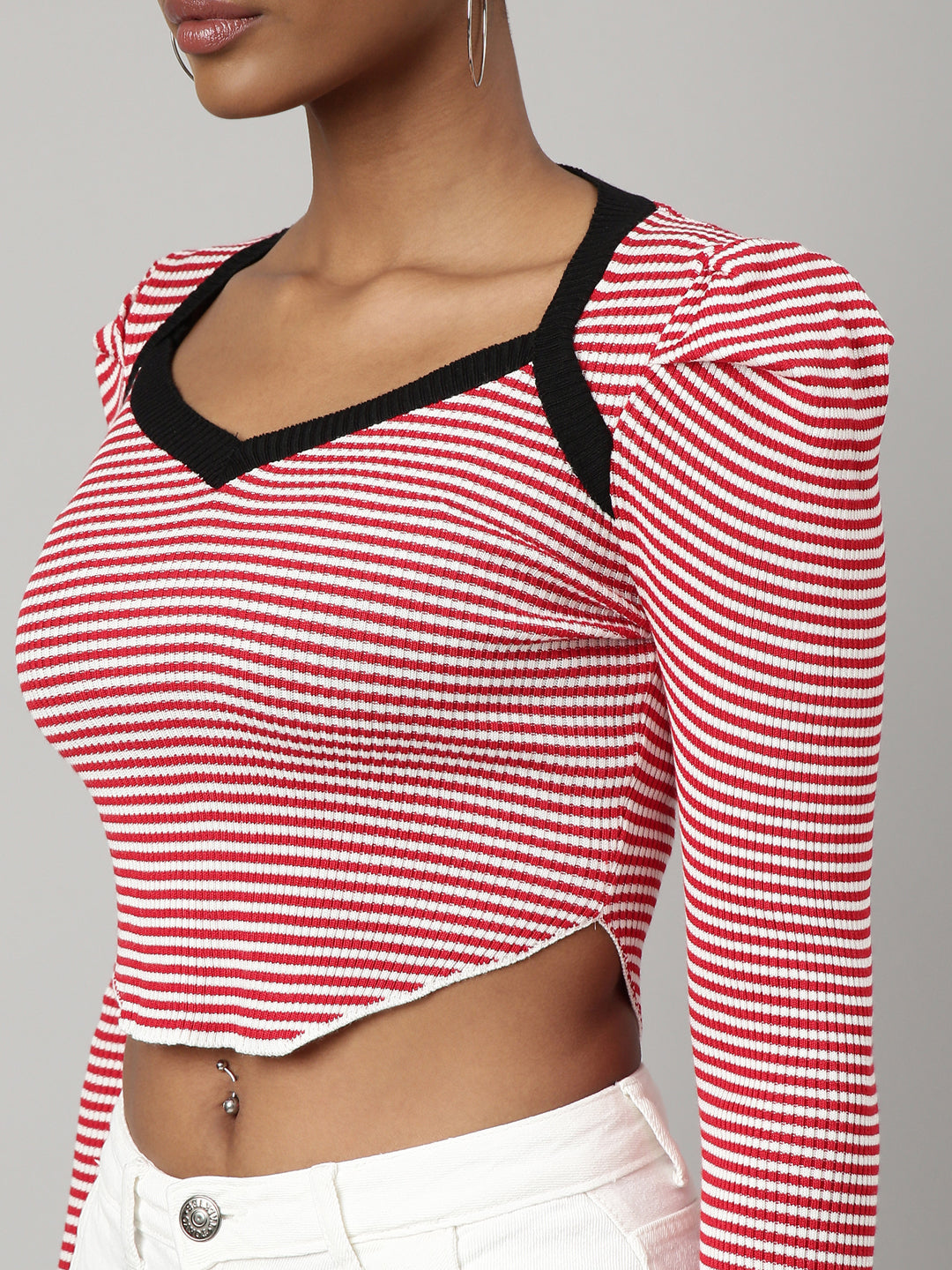 Women Red Horizontal Stripes Fitted Crop Top