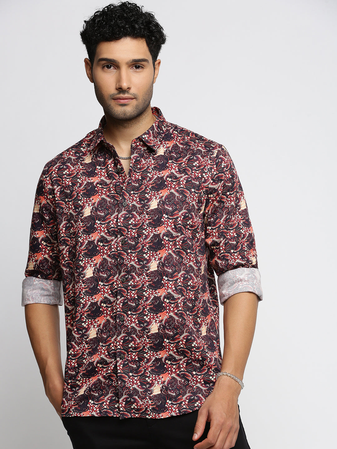 Men Maroon Spread Collar Graphic Shirt