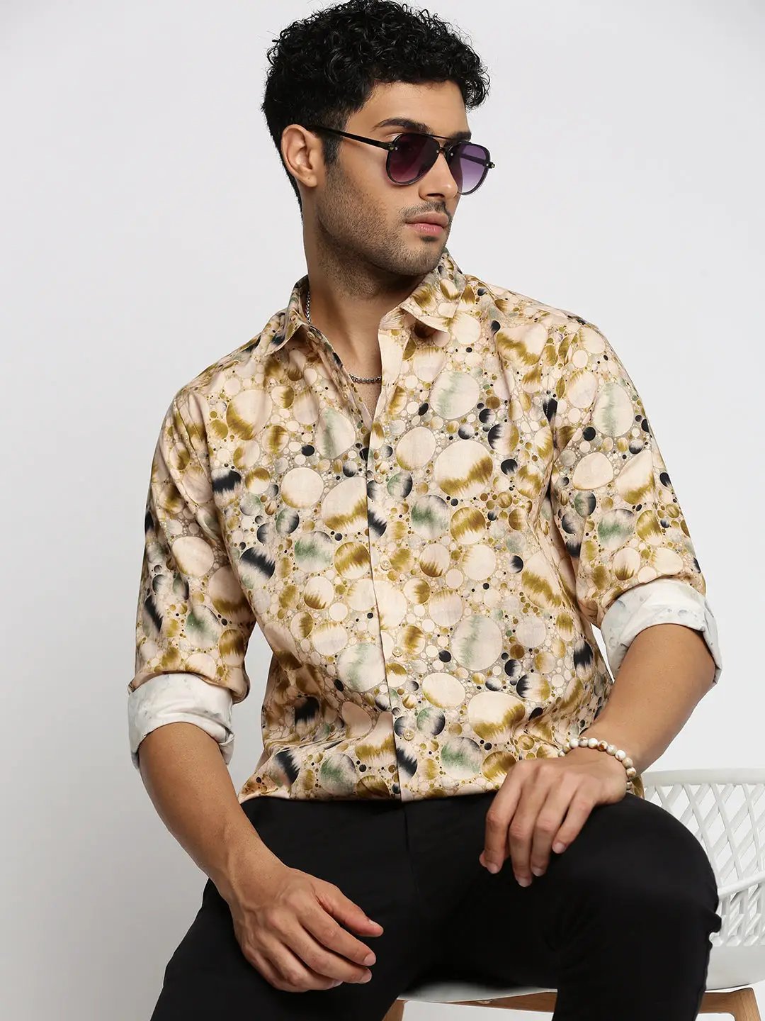 Men's Cream Spread Collar Abstract Shirt