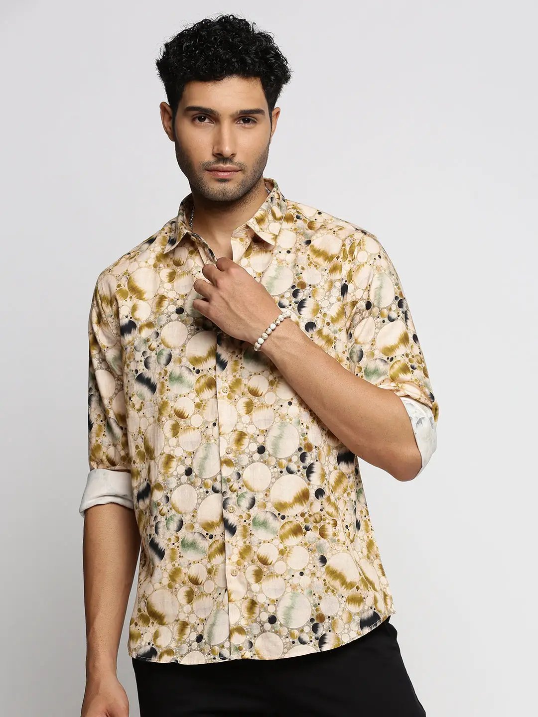 Men's Cream Spread Collar Abstract Shirt