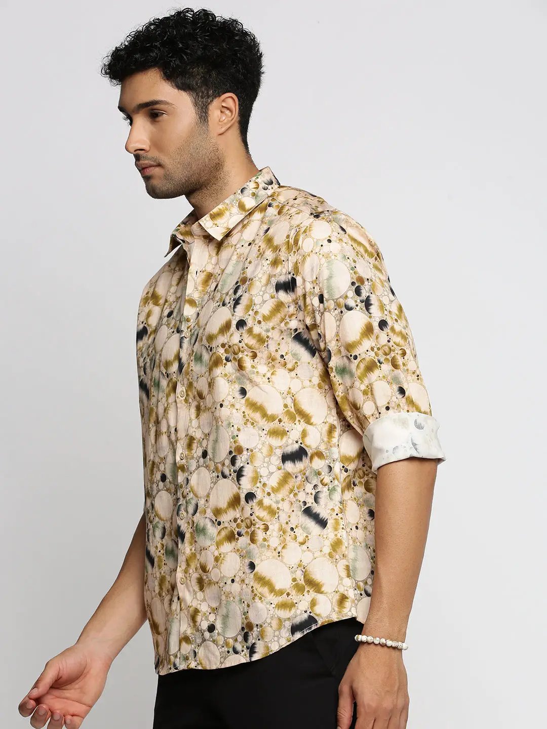 Men's Cream Spread Collar Abstract Shirt