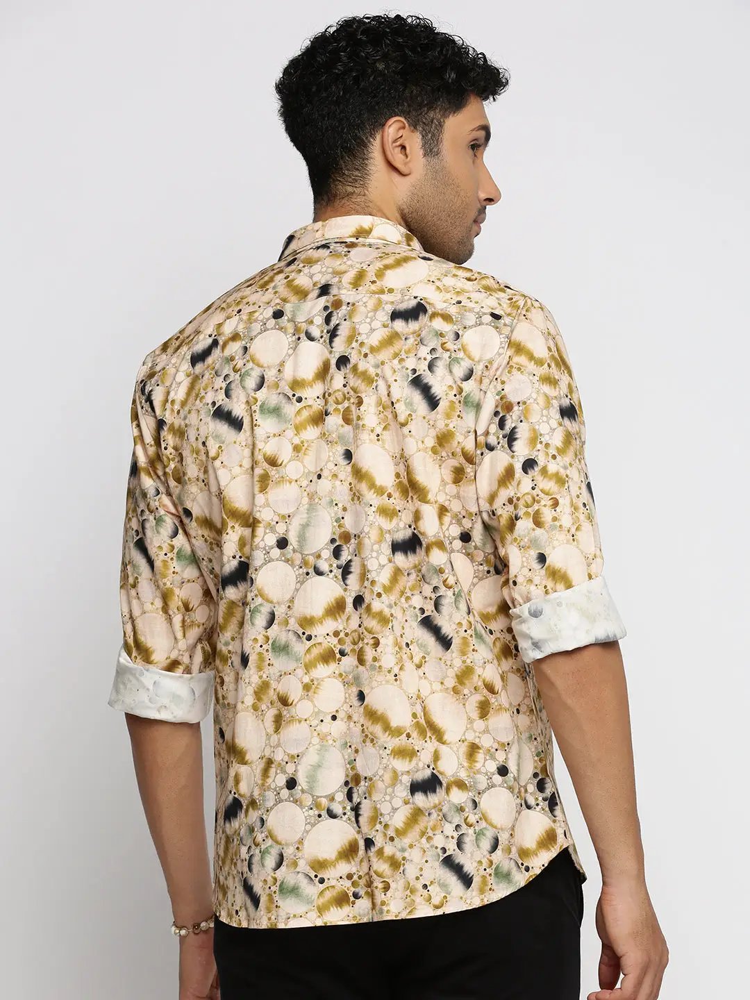 Men's Cream Spread Collar Abstract Shirt