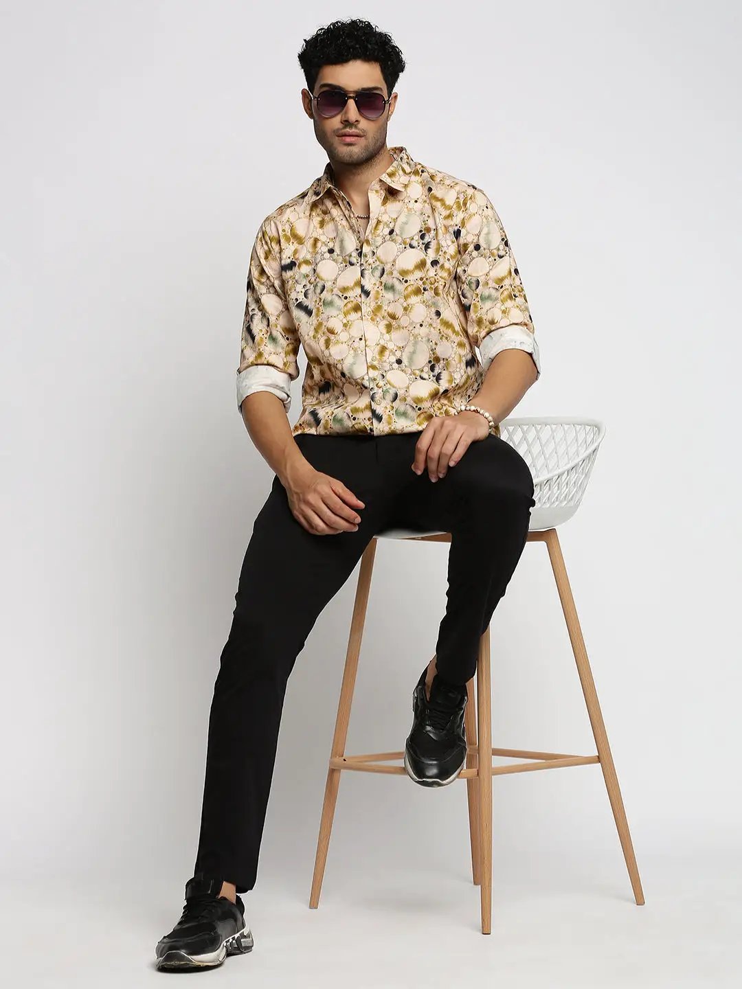 Men's Cream Spread Collar Abstract Shirt