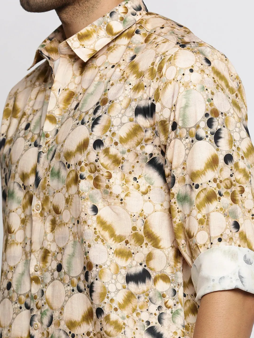 Men's Cream Spread Collar Abstract Shirt