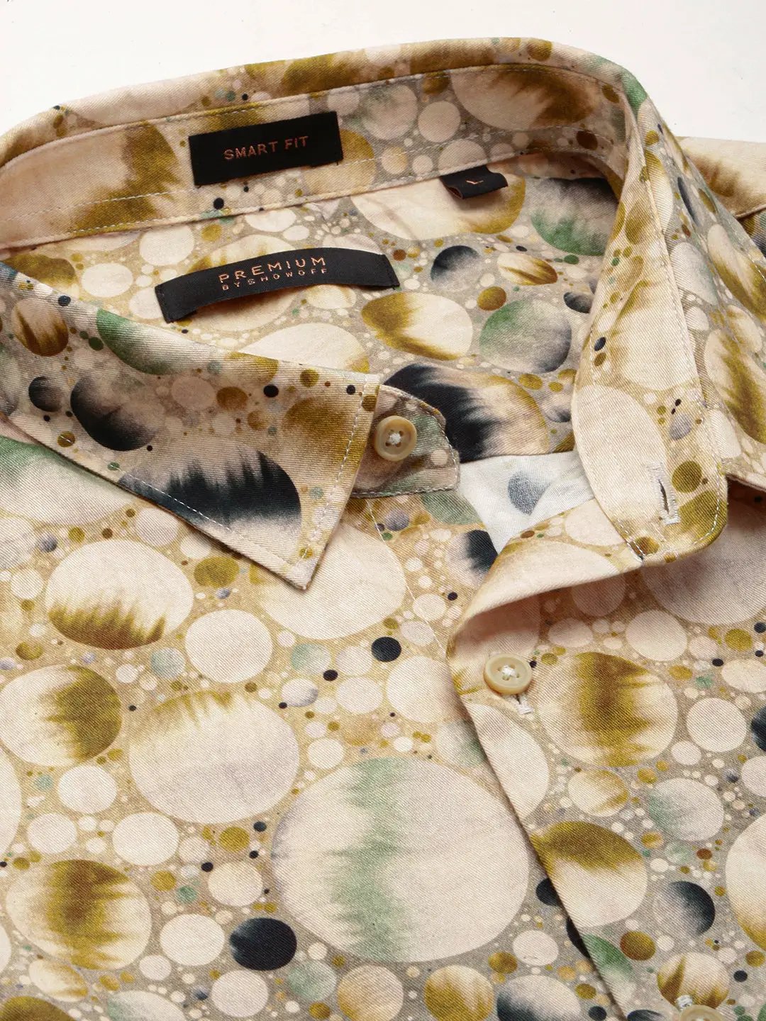 Men's Cream Spread Collar Abstract Shirt