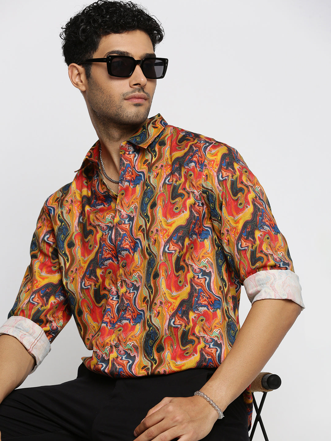 Men Orange Spread Collar Abstract Shirt