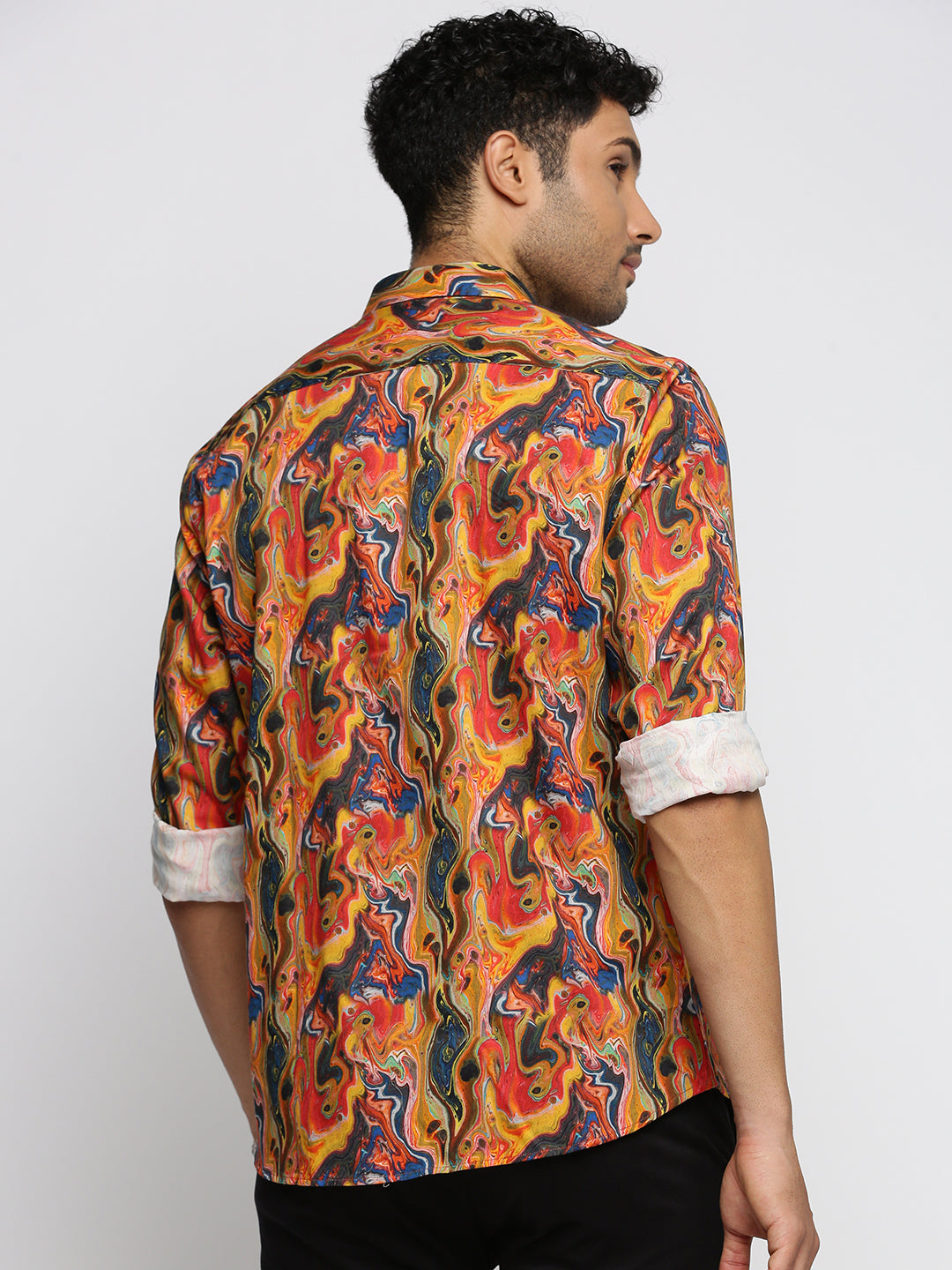 Men Orange Spread Collar Abstract Shirt