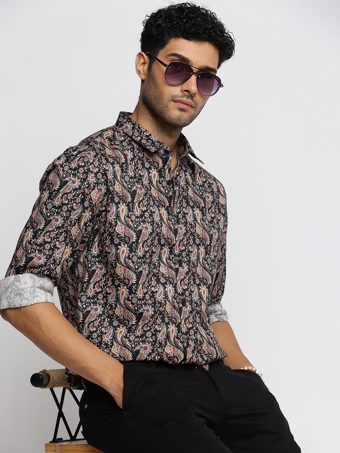 Men Black Spread Collar Ethnic Motifs Shirt