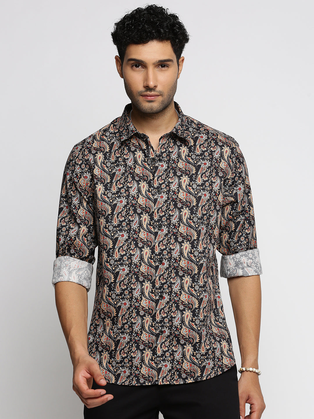 Men Black Spread Collar Ethnic Motifs Shirt