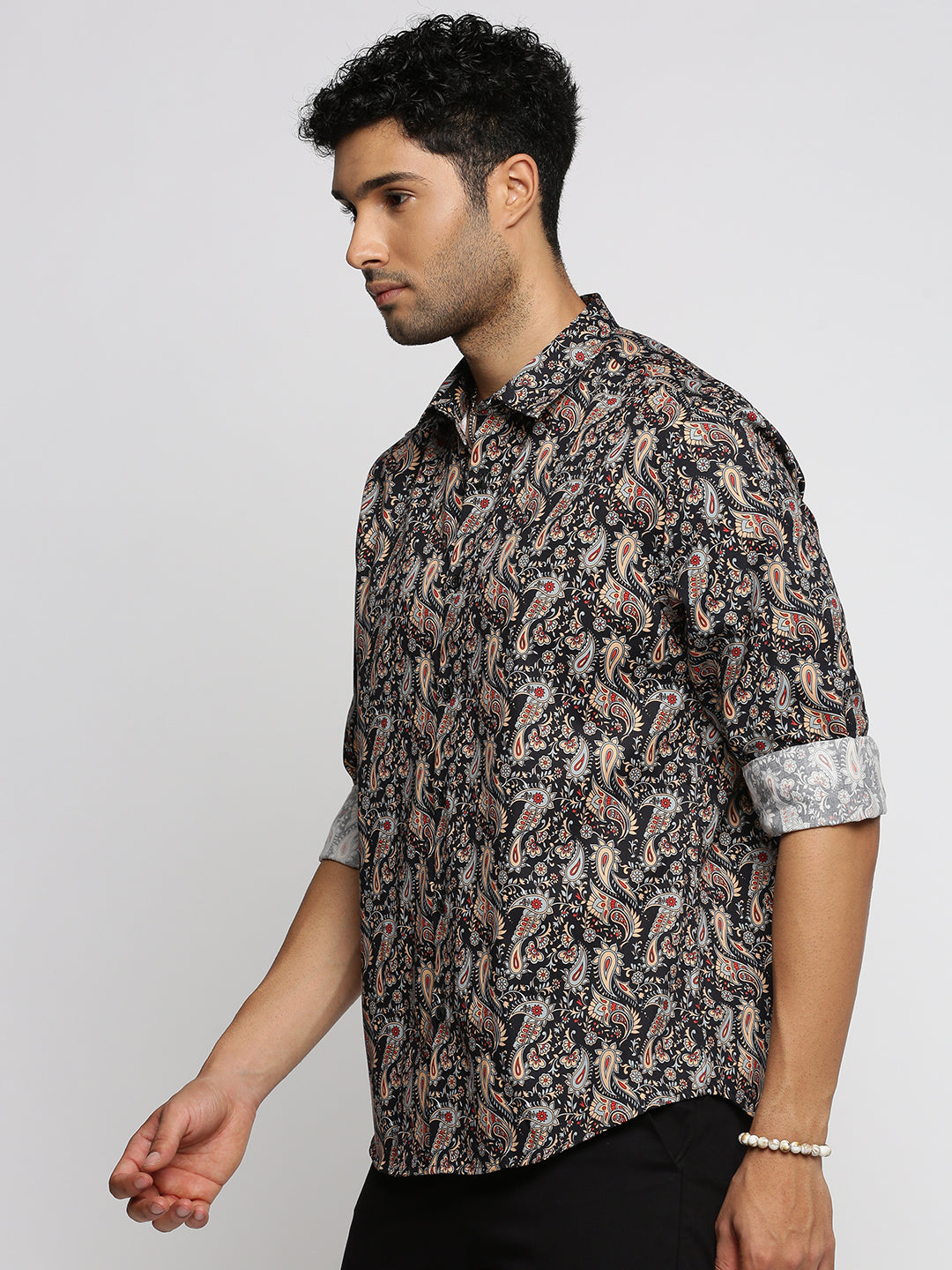 Men Black Spread Collar Ethnic Motifs Shirt