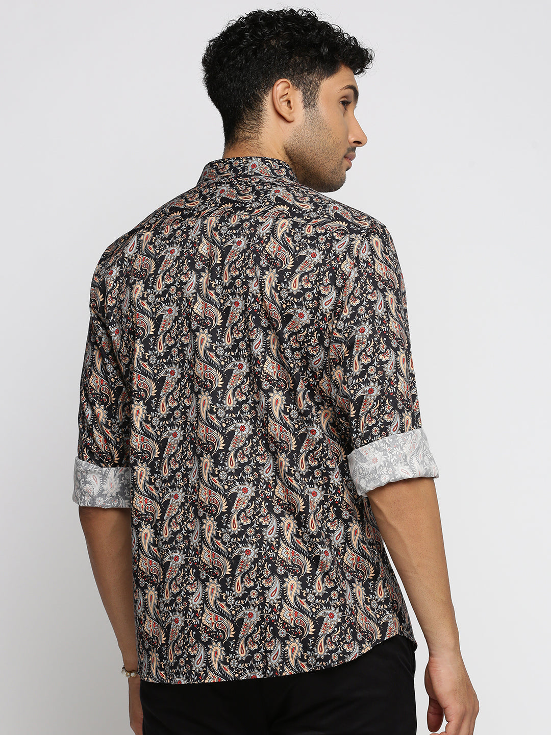 Men Black Spread Collar Ethnic Motifs Shirt