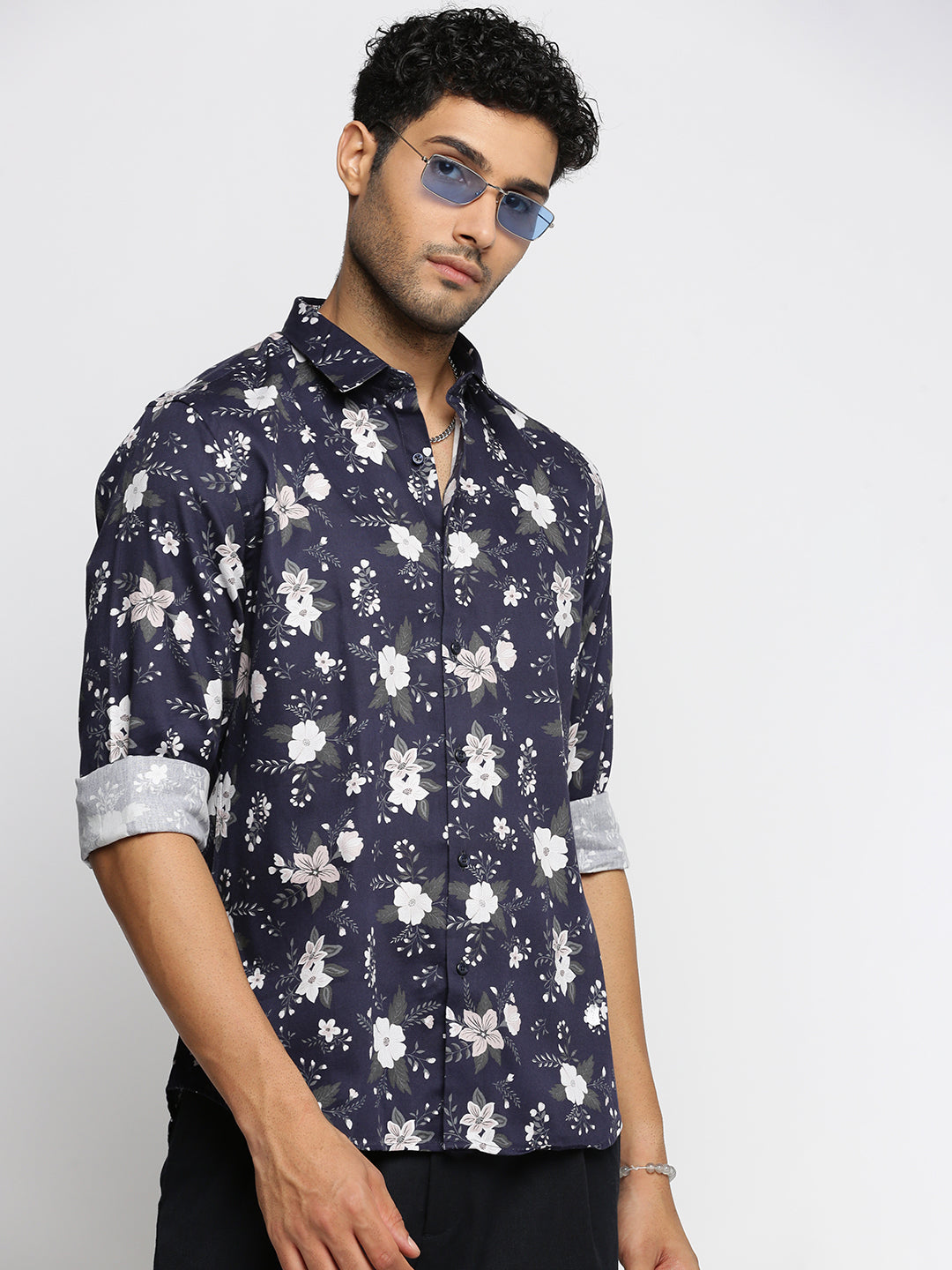 Men Navy Blue Spread Collar Floral Shirt