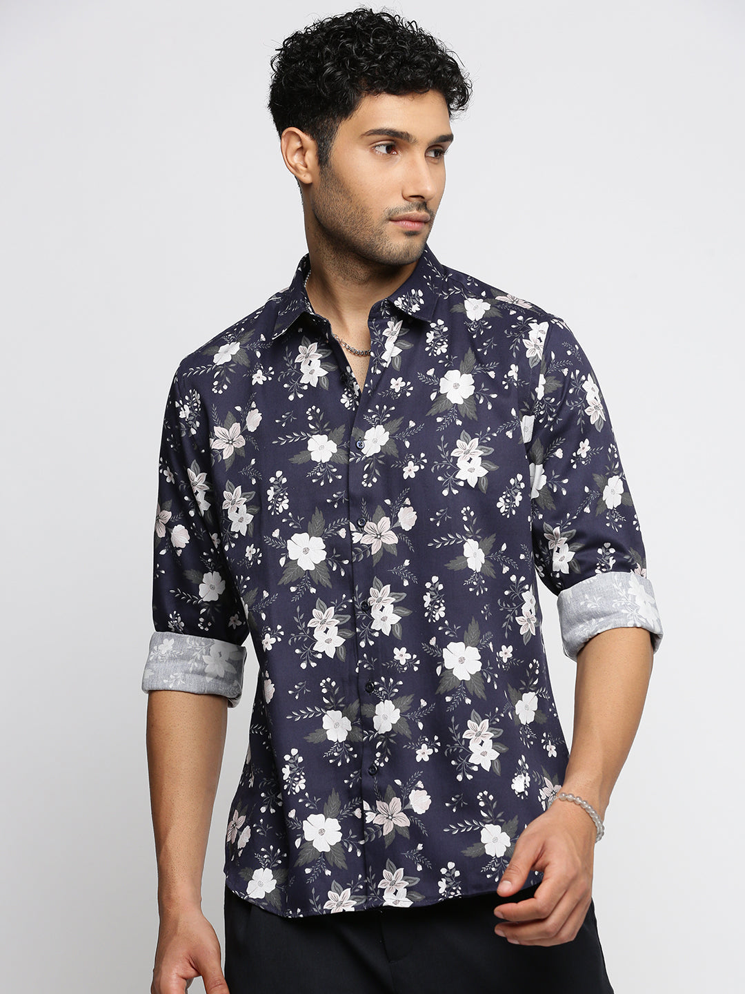 Men Navy Blue Spread Collar Floral Shirt