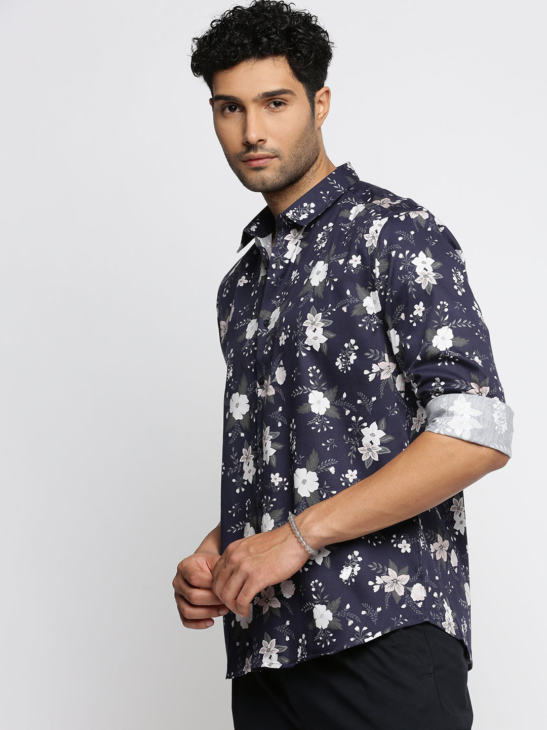 Men Navy Blue Spread Collar Floral Shirt