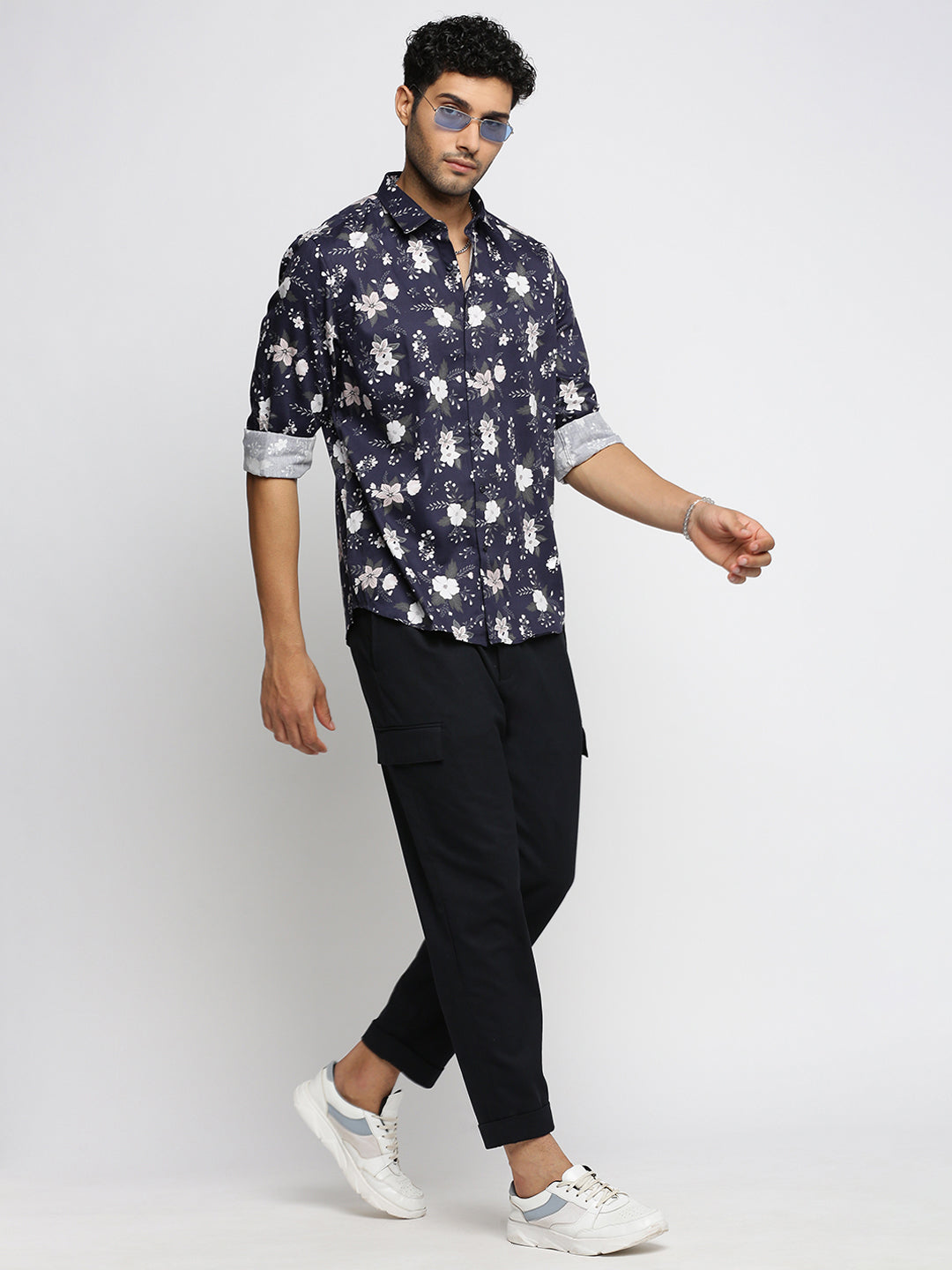 Men Navy Blue Spread Collar Floral Shirt