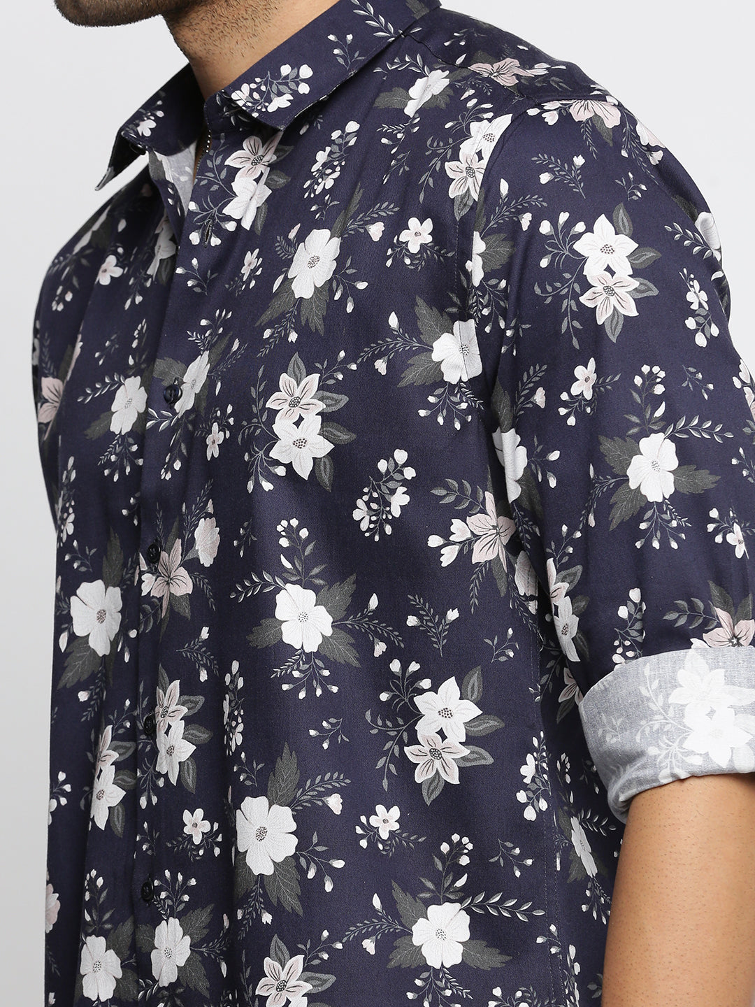 Men Navy Blue Spread Collar Floral Shirt