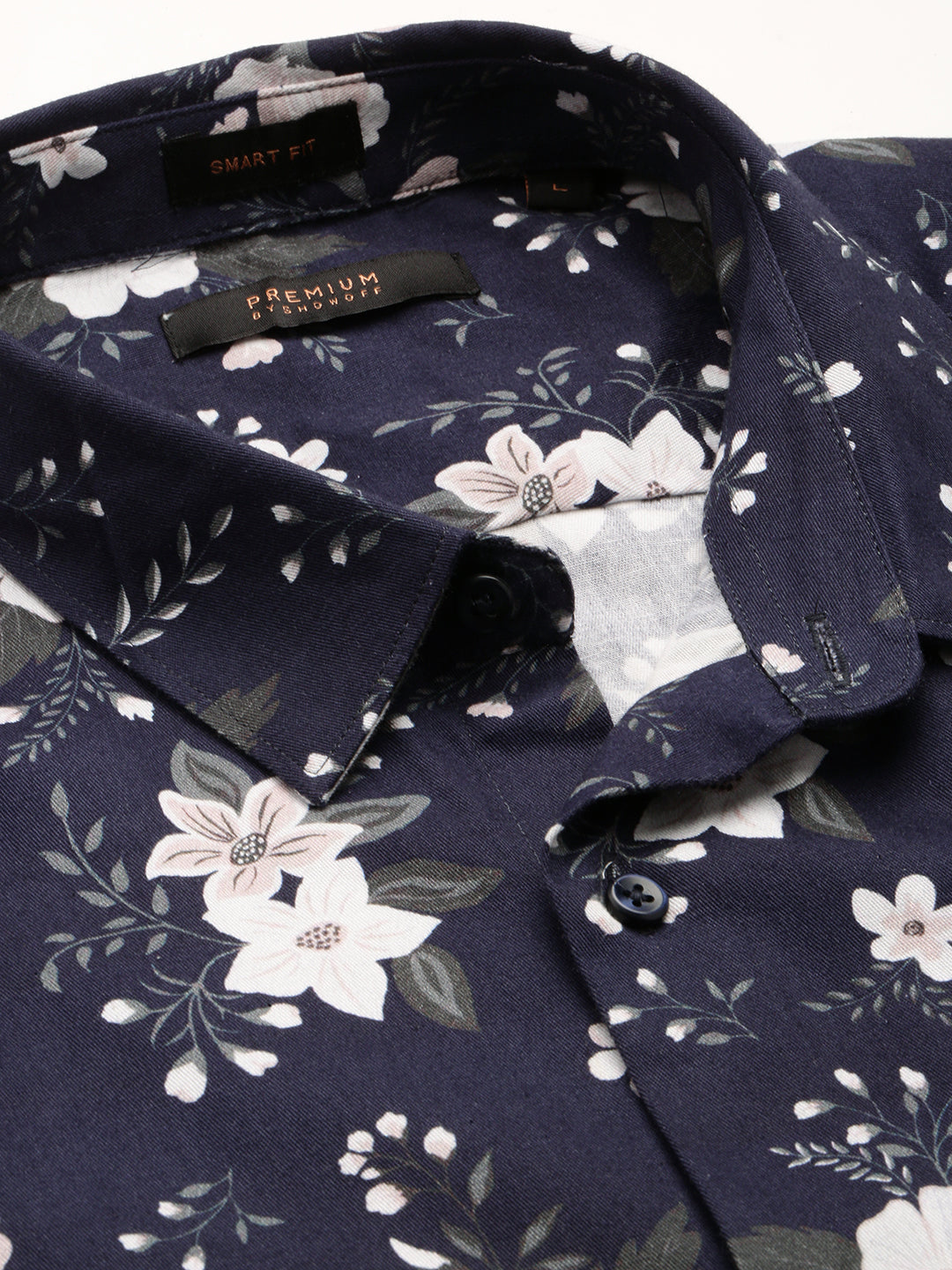 Men Navy Blue Spread Collar Floral Shirt