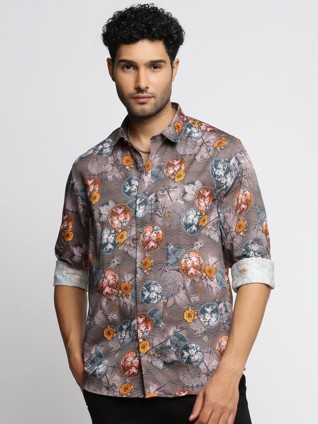 Men Grey Spread Collar Floral Shirt