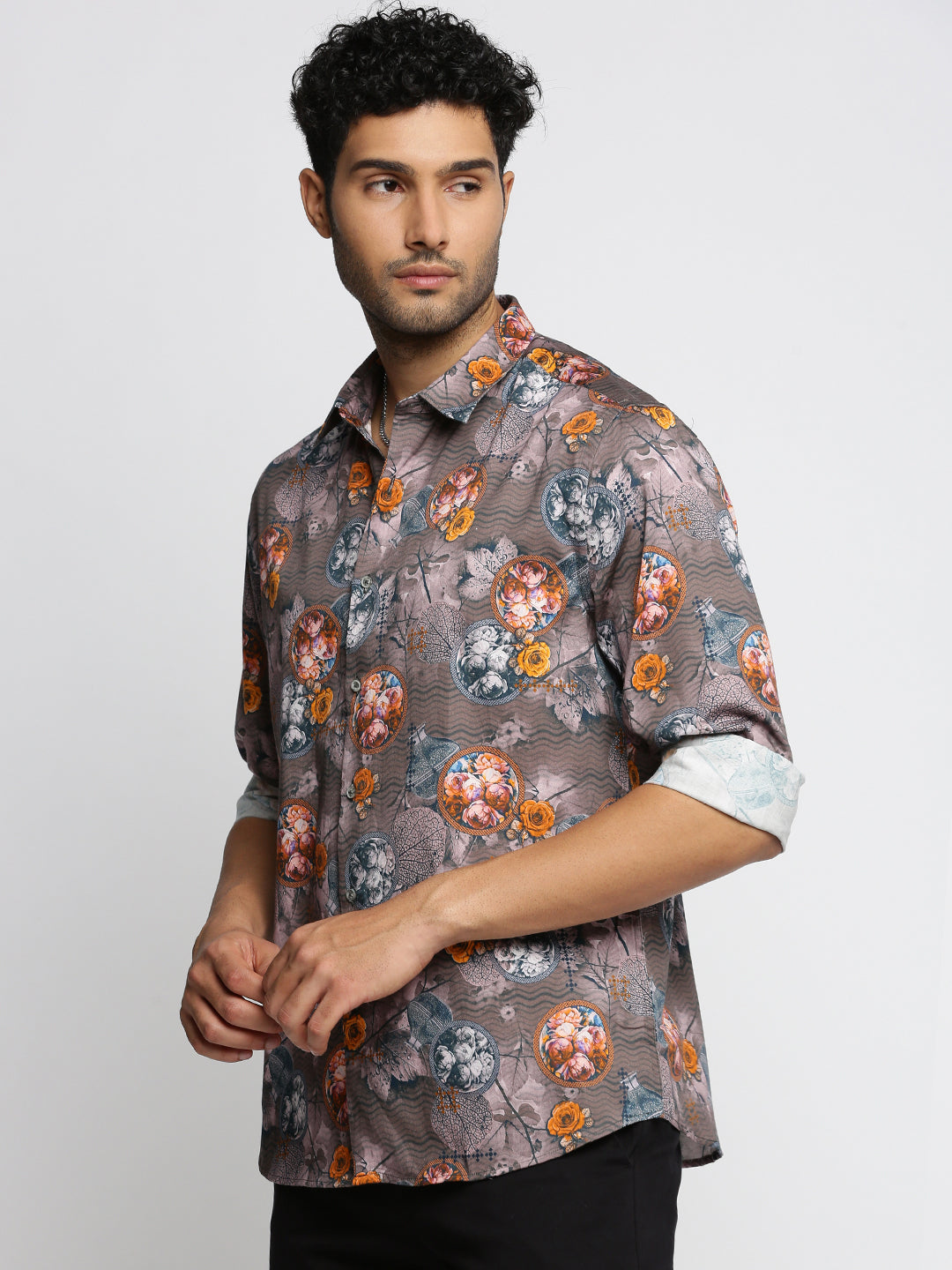 Men Grey Spread Collar Floral Shirt