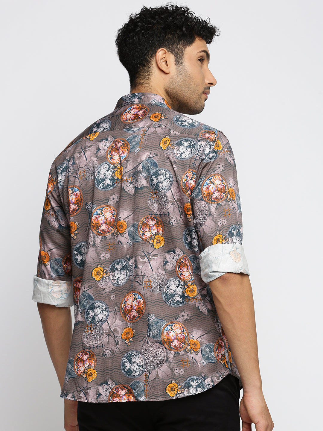 Men Grey Spread Collar Floral Shirt