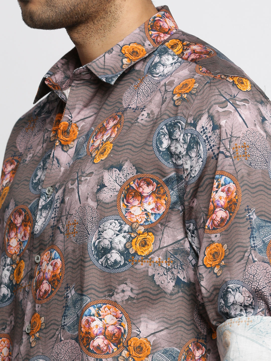 Men Grey Spread Collar Floral Shirt