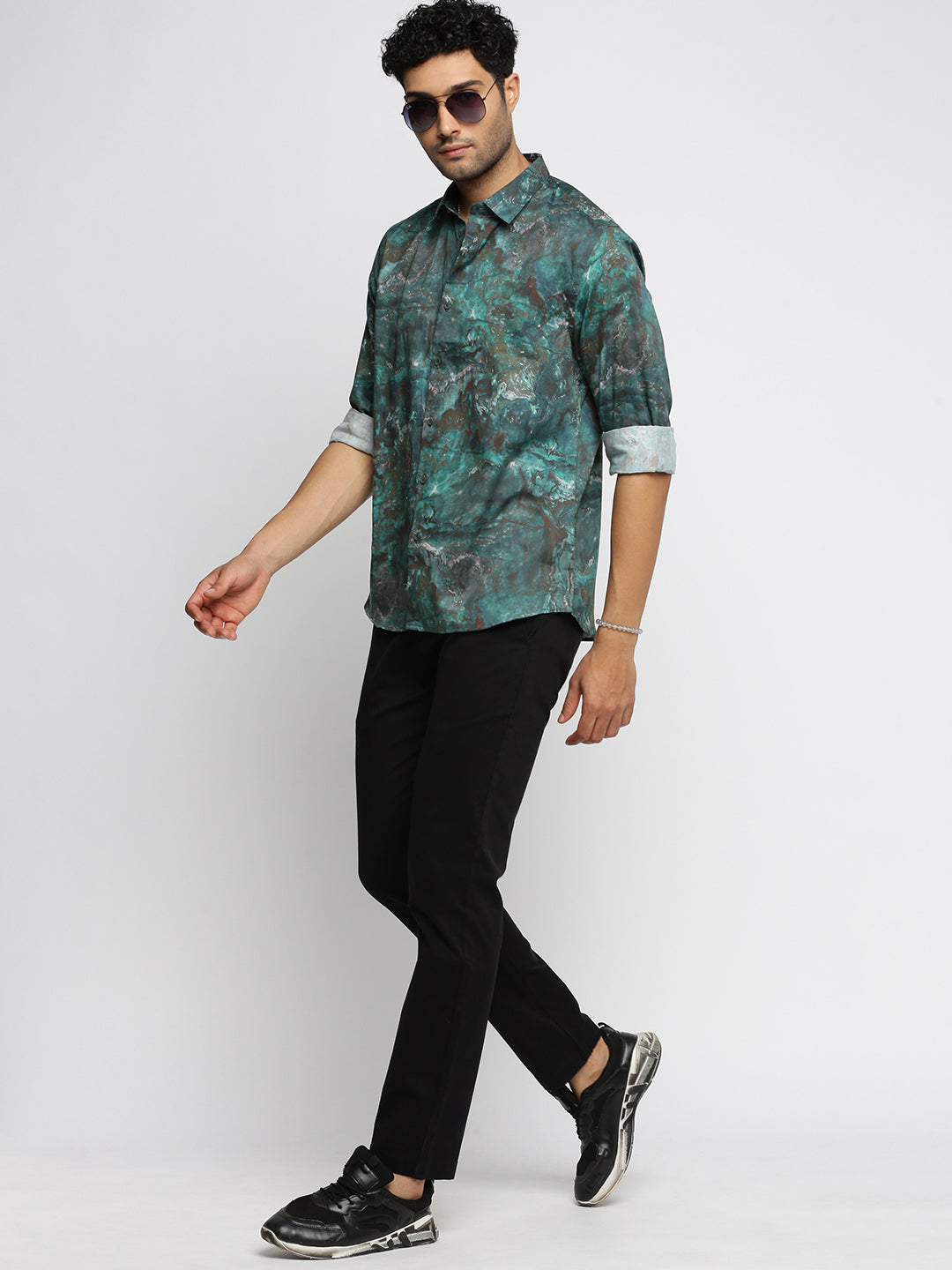 Men Green Spread Collar Abstract Shirt