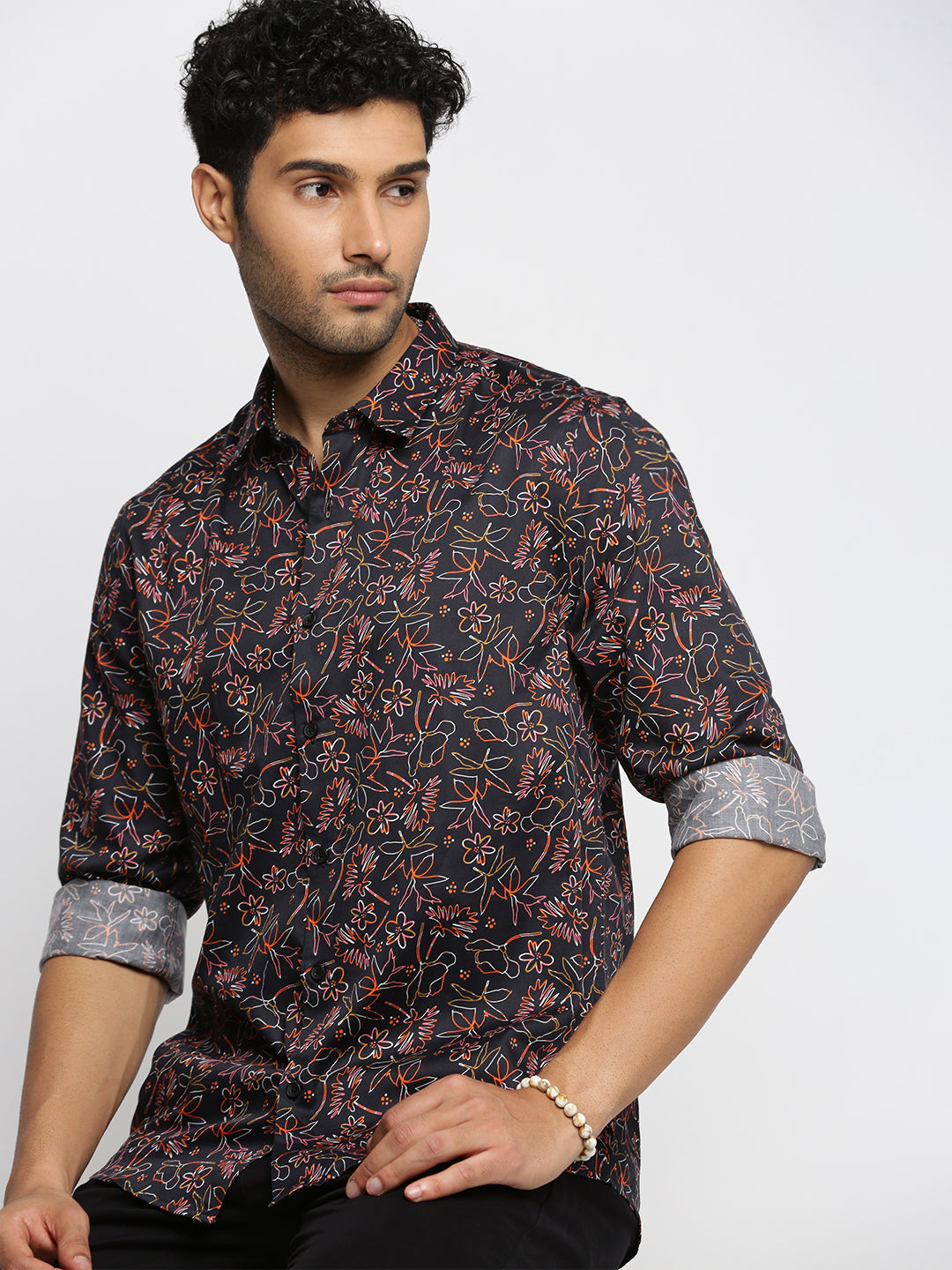 Men Black Spread Collar Floral Shirt