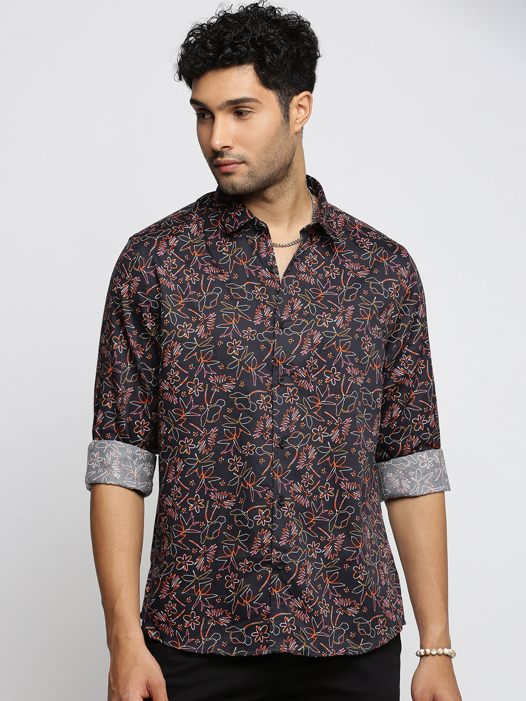 Men Black Spread Collar Floral Shirt