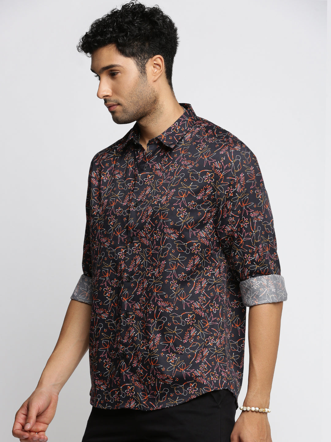 Men Black Spread Collar Floral Shirt