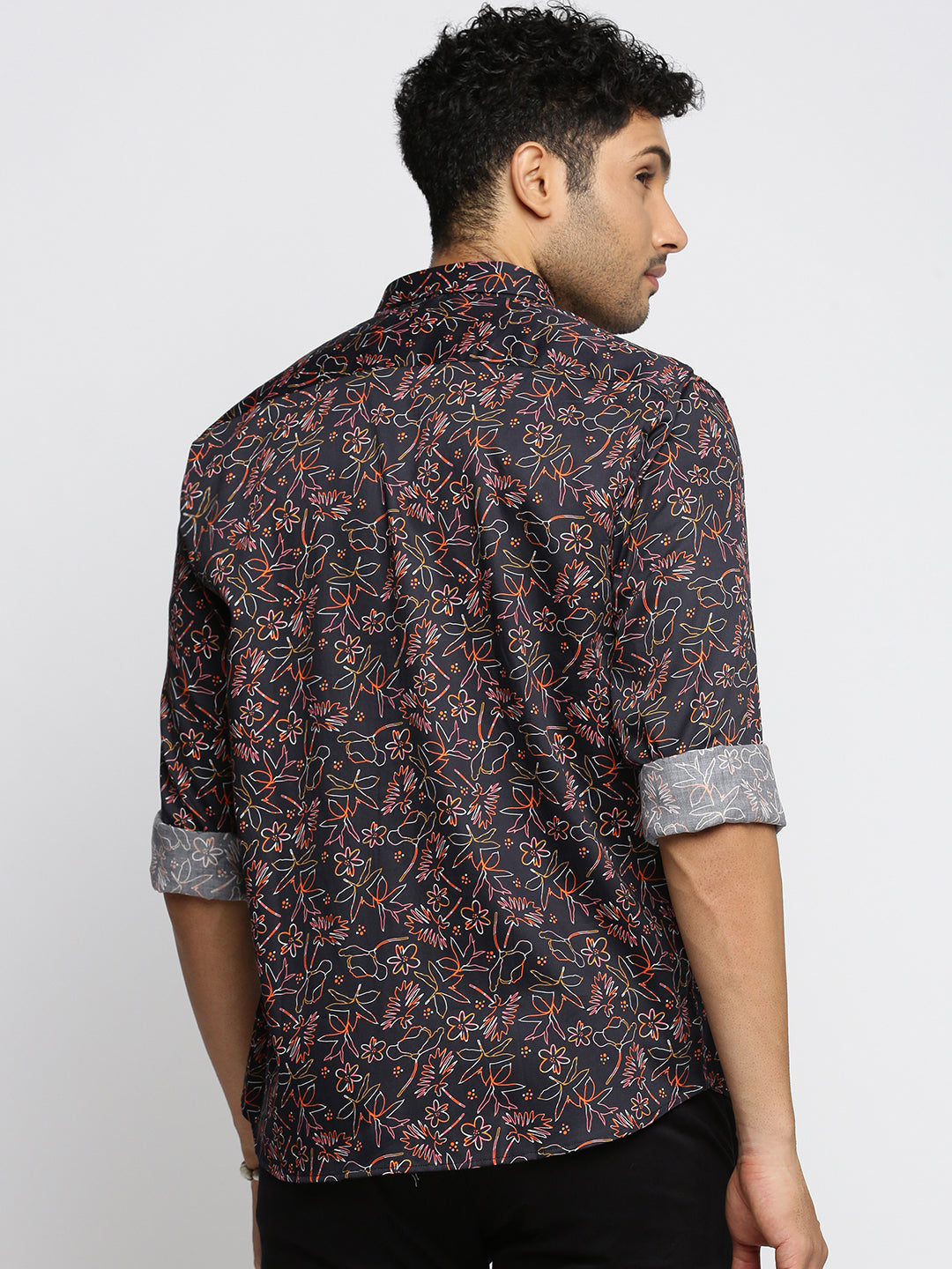 Men Black Spread Collar Floral Shirt