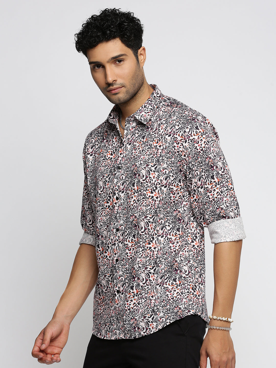 Men Black Spread Collar Animal Shirt