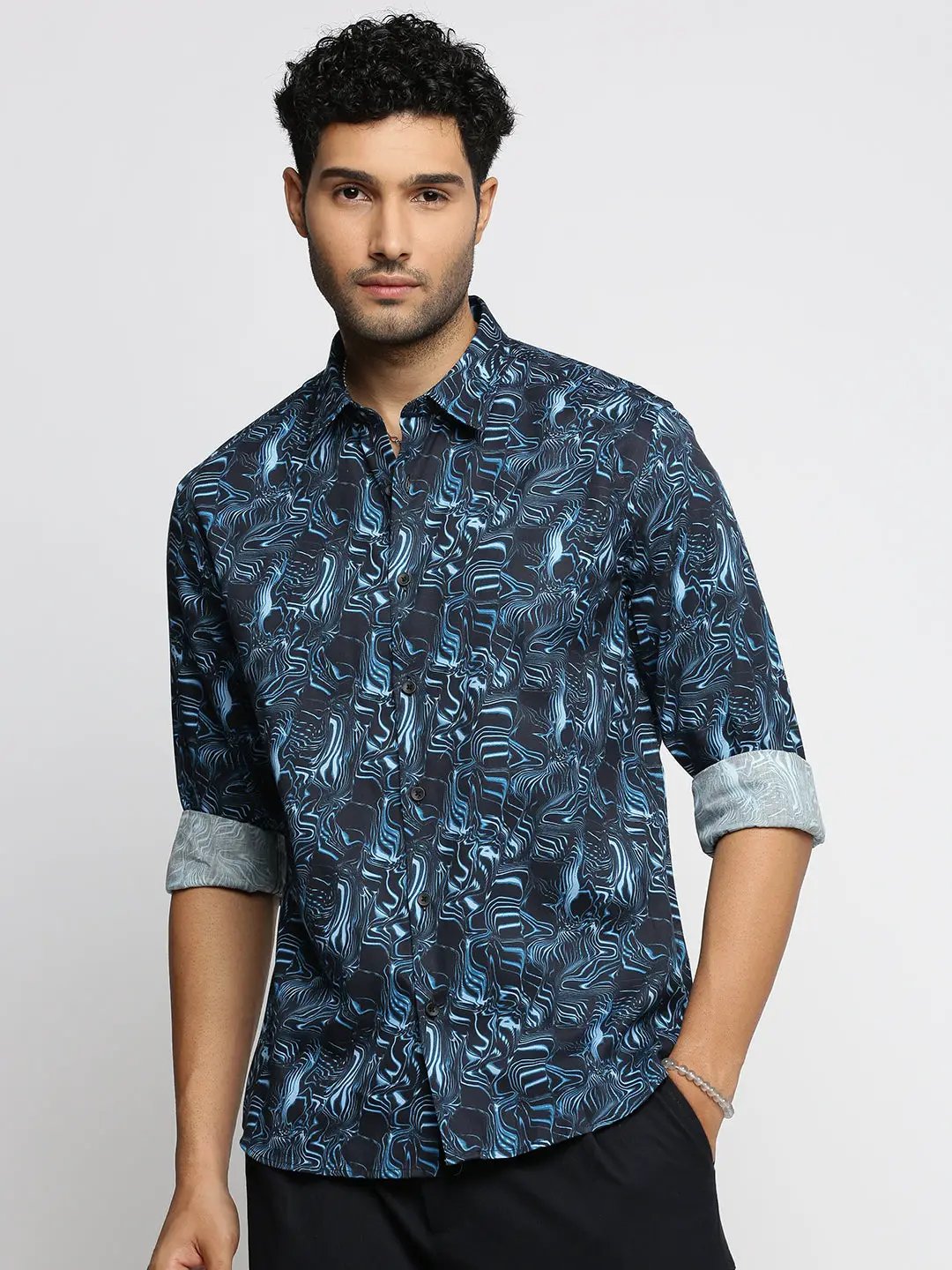 Men's Blue Spread Collar Abstract Shirt