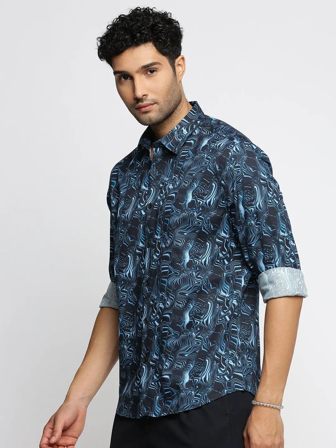 Men's Blue Spread Collar Abstract Shirt