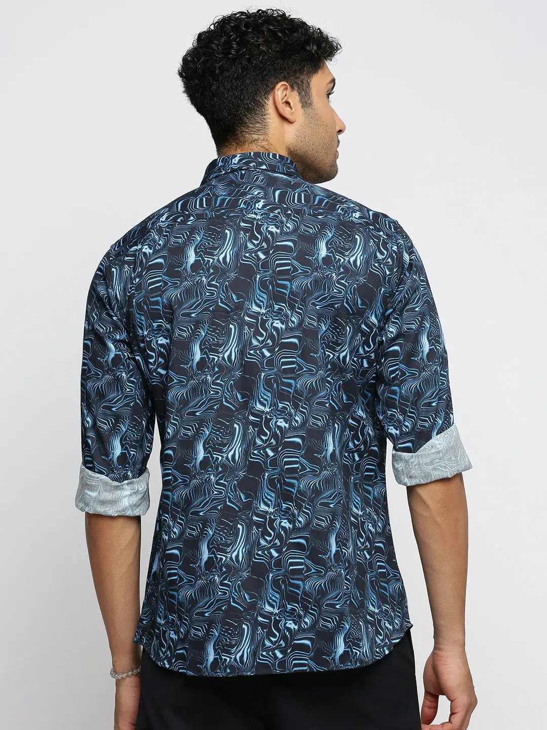 Men's Blue Spread Collar Abstract Shirt