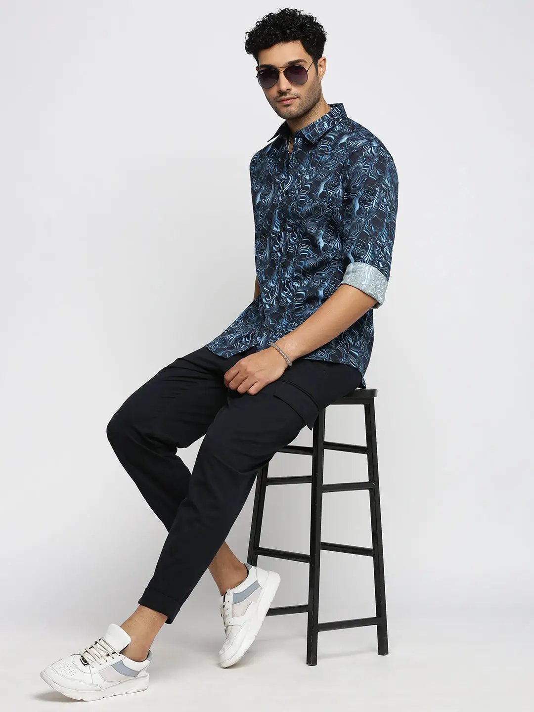 Men's Blue Spread Collar Abstract Shirt