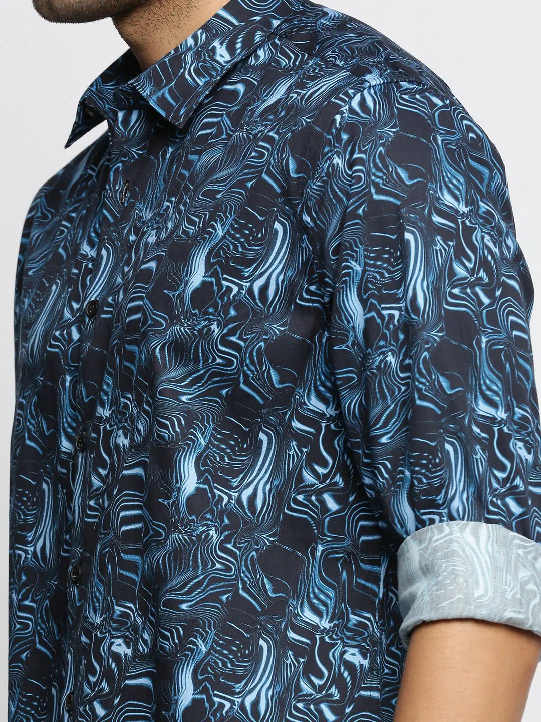 Men's Blue Spread Collar Abstract Shirt